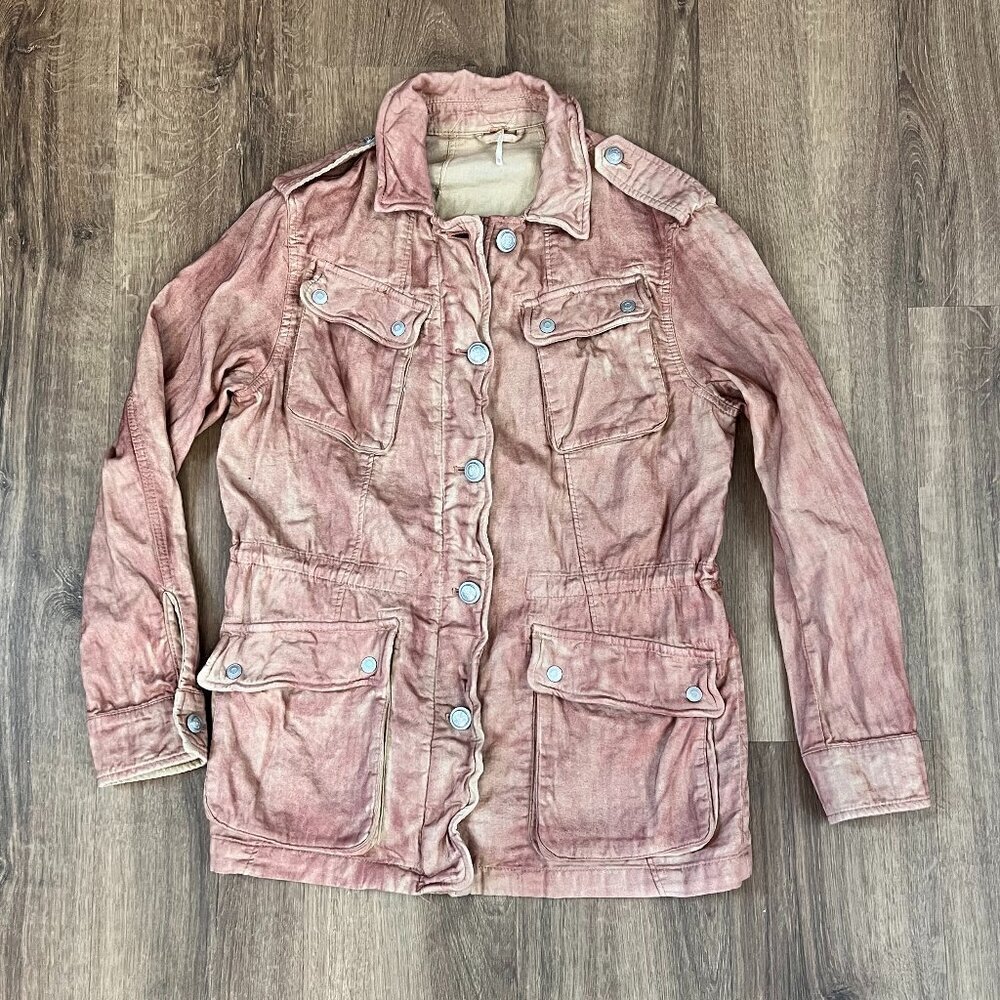 FREE PEOPLE Rose Pink Double Cloth Military Jacket Pockets Cinch Tie Waist Sz XS - Picture 5 of 15